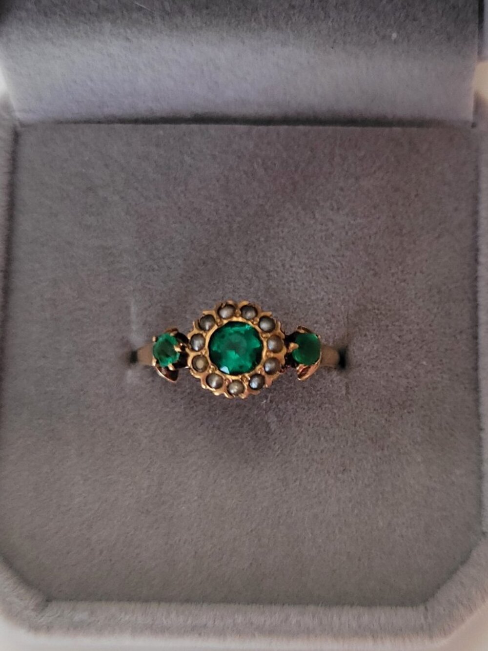 Antique Emerald Green Stones Pearls 10k Gold Victorian Ring May June Birthstones - Picture 4 of 16